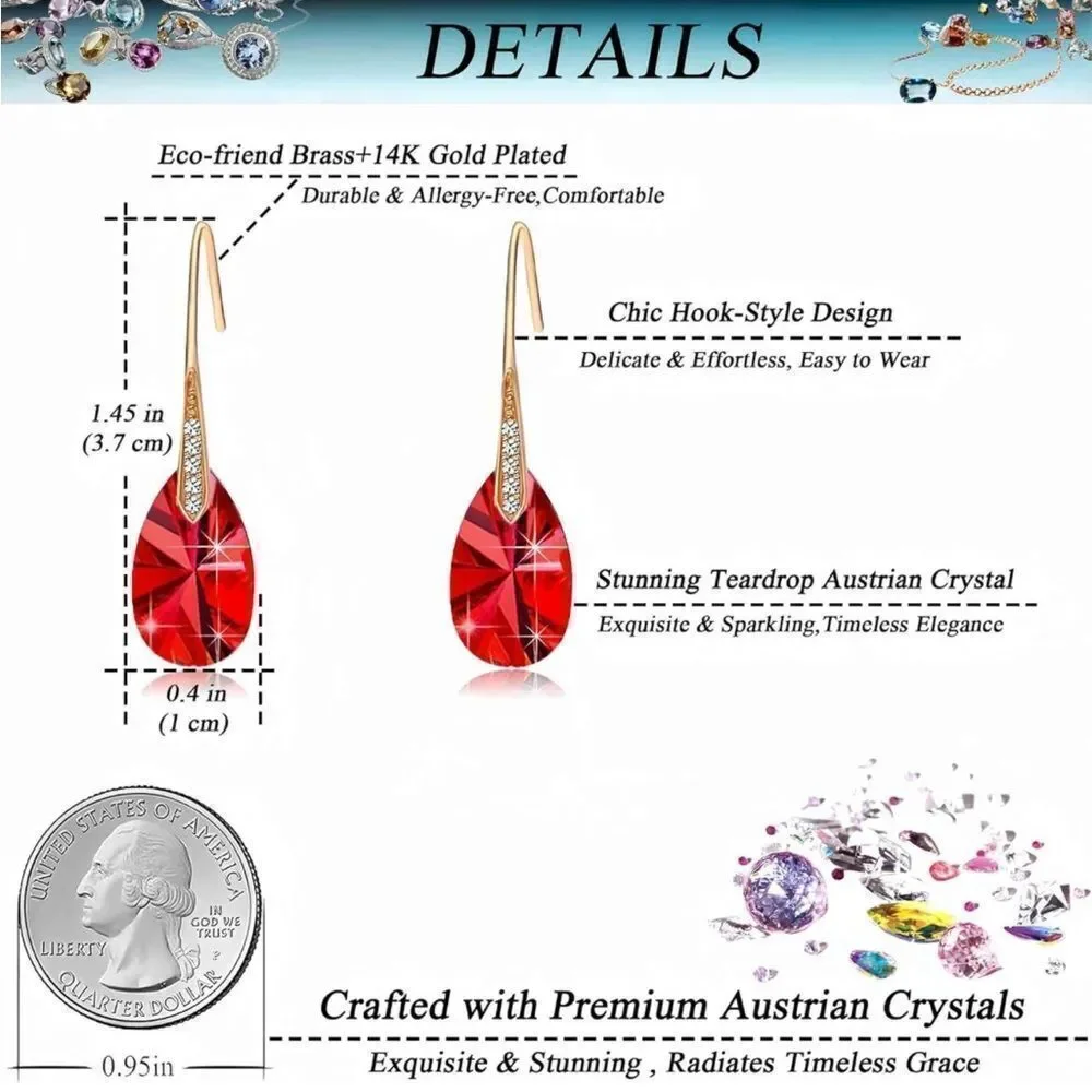 14K Yellow Gold with Ruby Red Austrian Crystal Teardrop Drop Hook Earrings